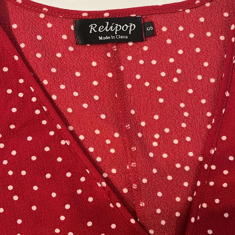 Relipop Women’s Wrap with Ruffle Hem Mini Red with white polka dot Dress - Picture 4 of 13